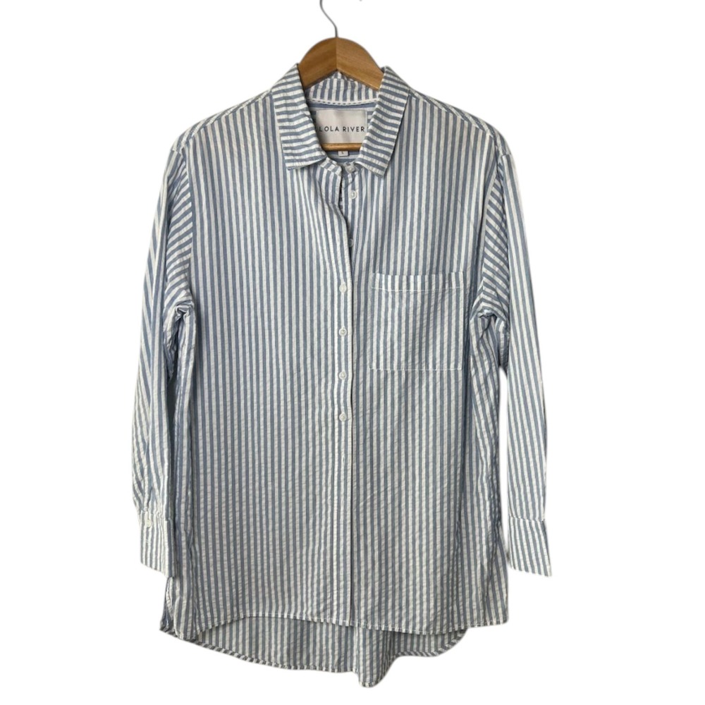 Lola River Blue White Striped Seersucker Button Down Shirt Womens Large High Low